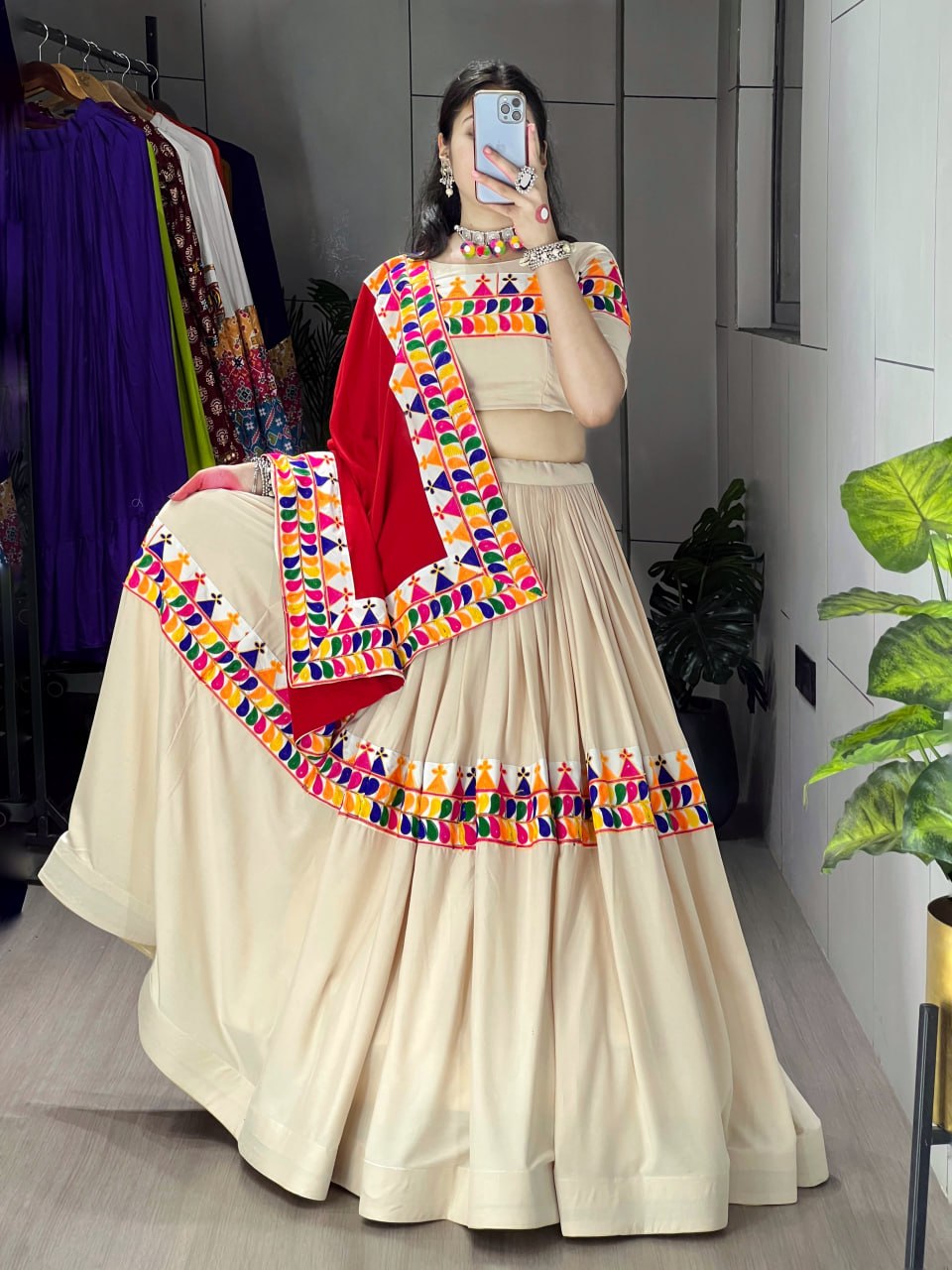 Cream Rayon Cotton Navratri Chaniya Choli with Gamthi Work & Red Kutchi Dupatta | Designer Garba Lehenga Set