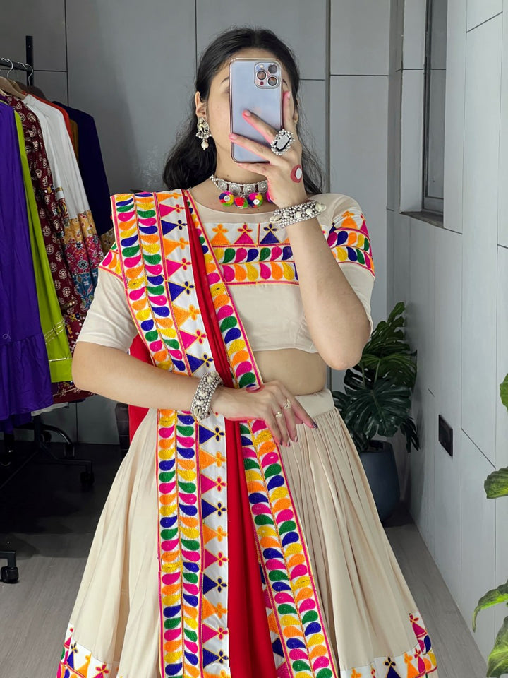 Cream Rayon Cotton Navratri Chaniya Choli with Gamthi Work & Red Kutchi Dupatta | Designer Garba Lehenga Set