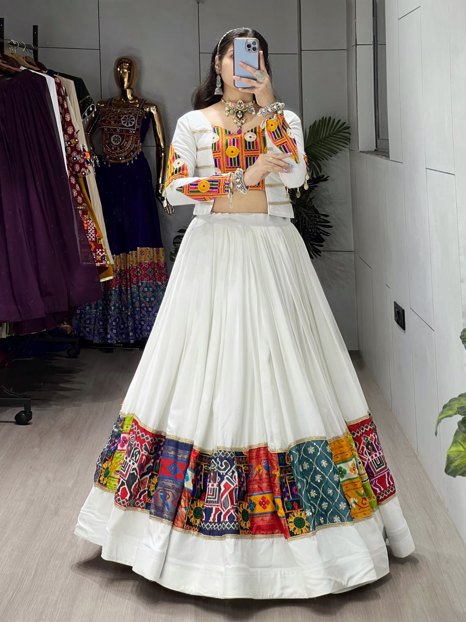 White Rayon Cotton Navratri Chaniya Choli with Kutchi Work Fancy Top | Designer Garba Lehenga Set for Women