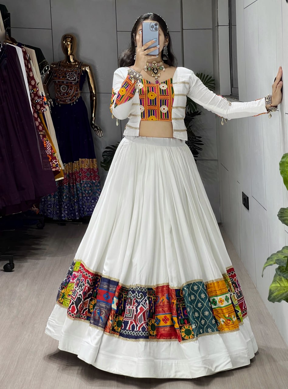 White Rayon Cotton Navratri Chaniya Choli with Kutchi Work Fancy Top | Designer Garba Lehenga Set for Women