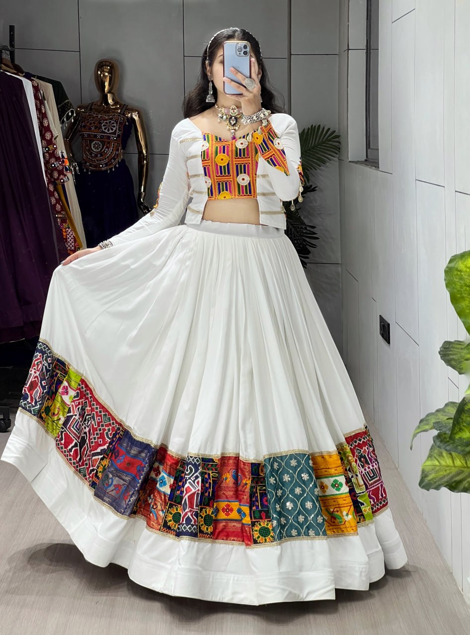White Rayon Cotton Navratri Chaniya Choli with Kutchi Work Fancy Top | Designer Garba Lehenga Set for Women