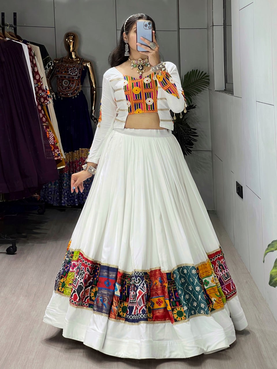 White Rayon Cotton Navratri Chaniya Choli with Kutchi Work Fancy Top | Designer Garba Lehenga Set for Women