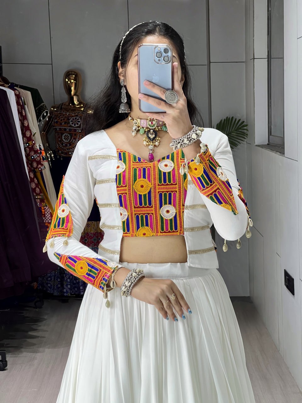 White Rayon Cotton Navratri Chaniya Choli with Kutchi Work Fancy Top | Designer Garba Lehenga Set for Women