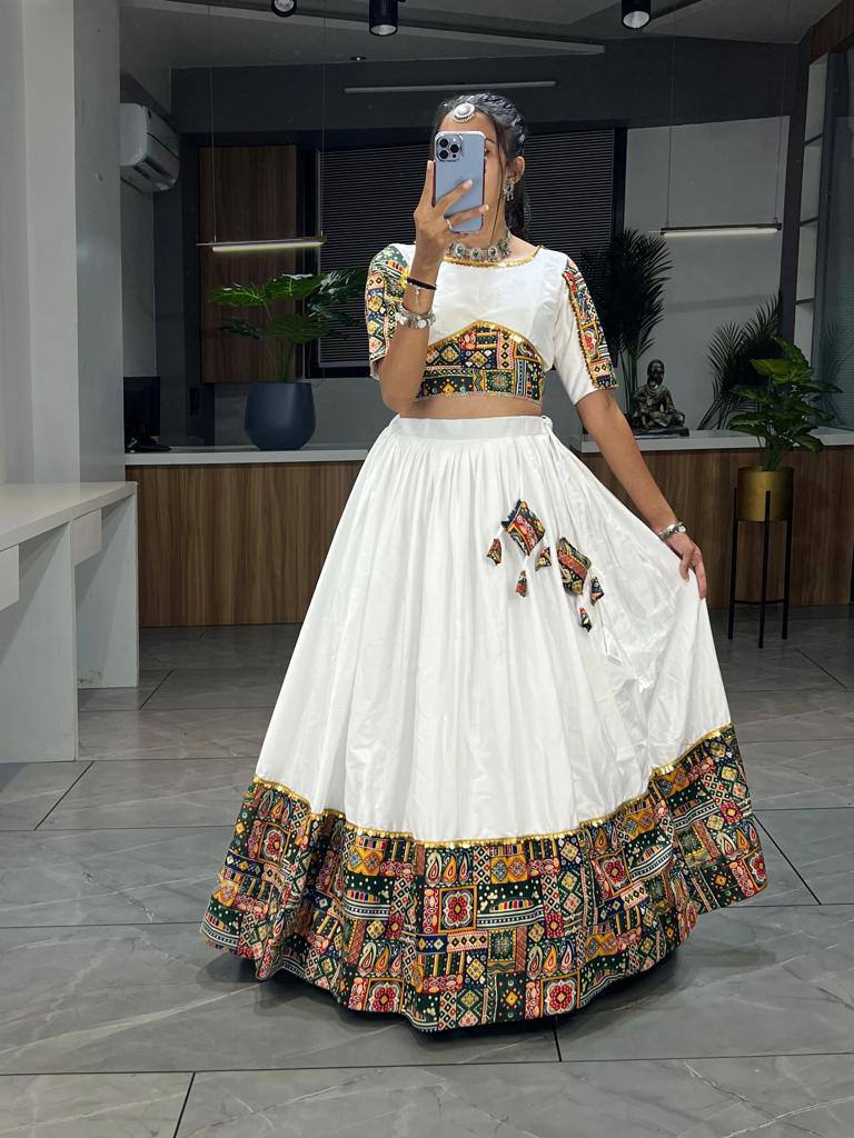 Women's White Rayon Cotton Chaniya Choli Set with Printed Dupatta | Fully Stitched Navratri Lehenga for Garba & Dandiya