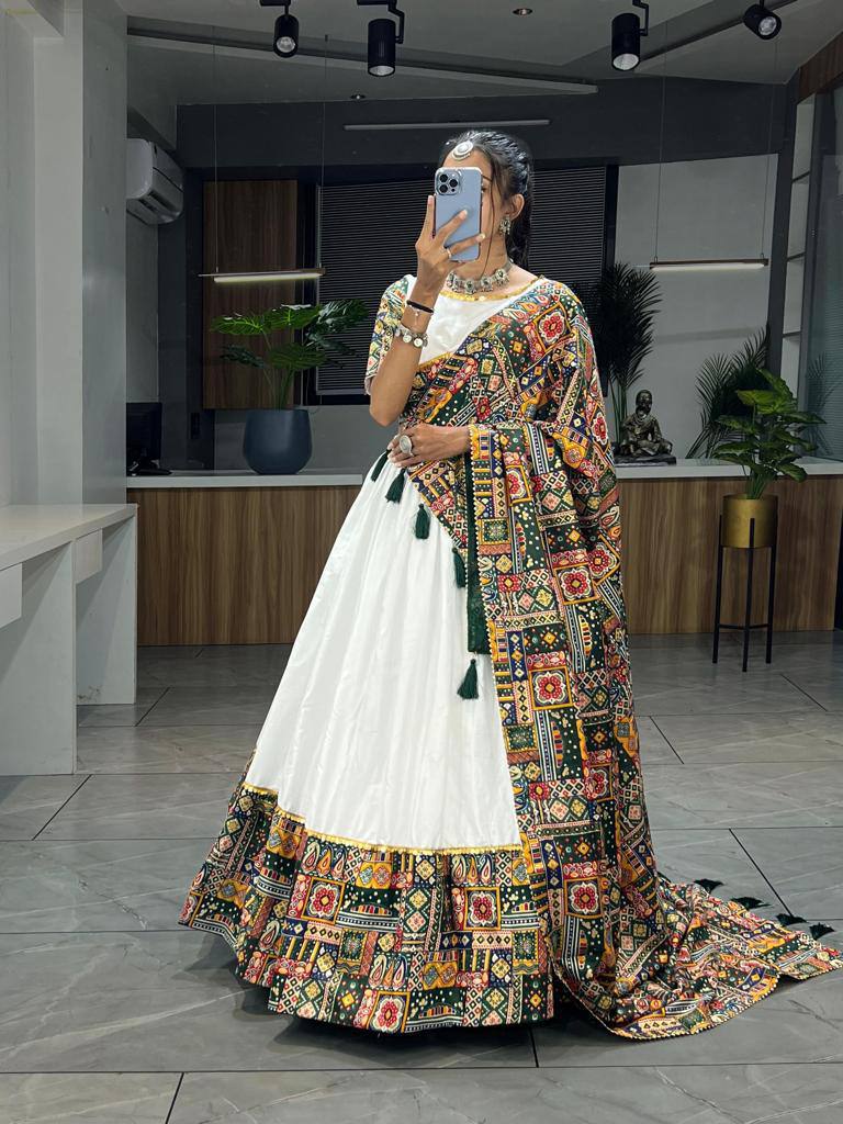 Women's White Rayon Cotton Chaniya Choli Set with Printed Dupatta | Fully Stitched Navratri Lehenga for Garba & Dandiya