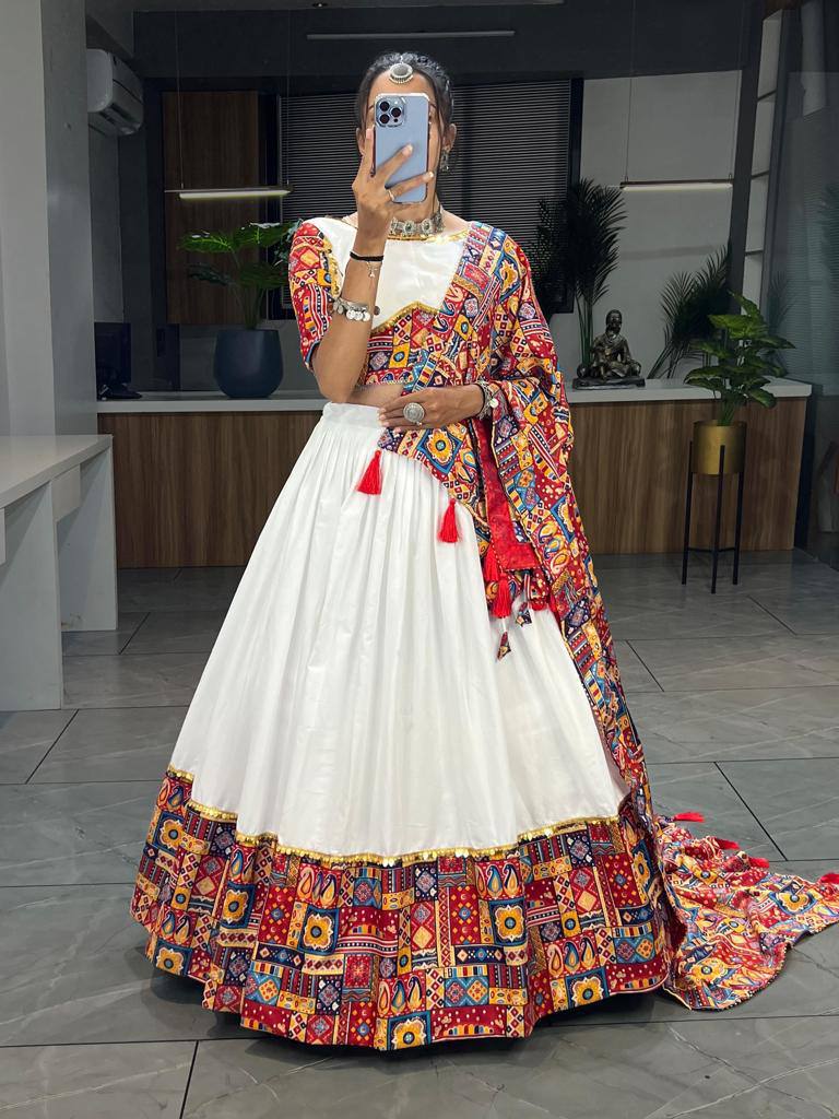 Women's White Rayon Cotton Chaniya Choli Set with Printed Dupatta | Fully Stitched Navratri Lehenga for Garba & Dandiya