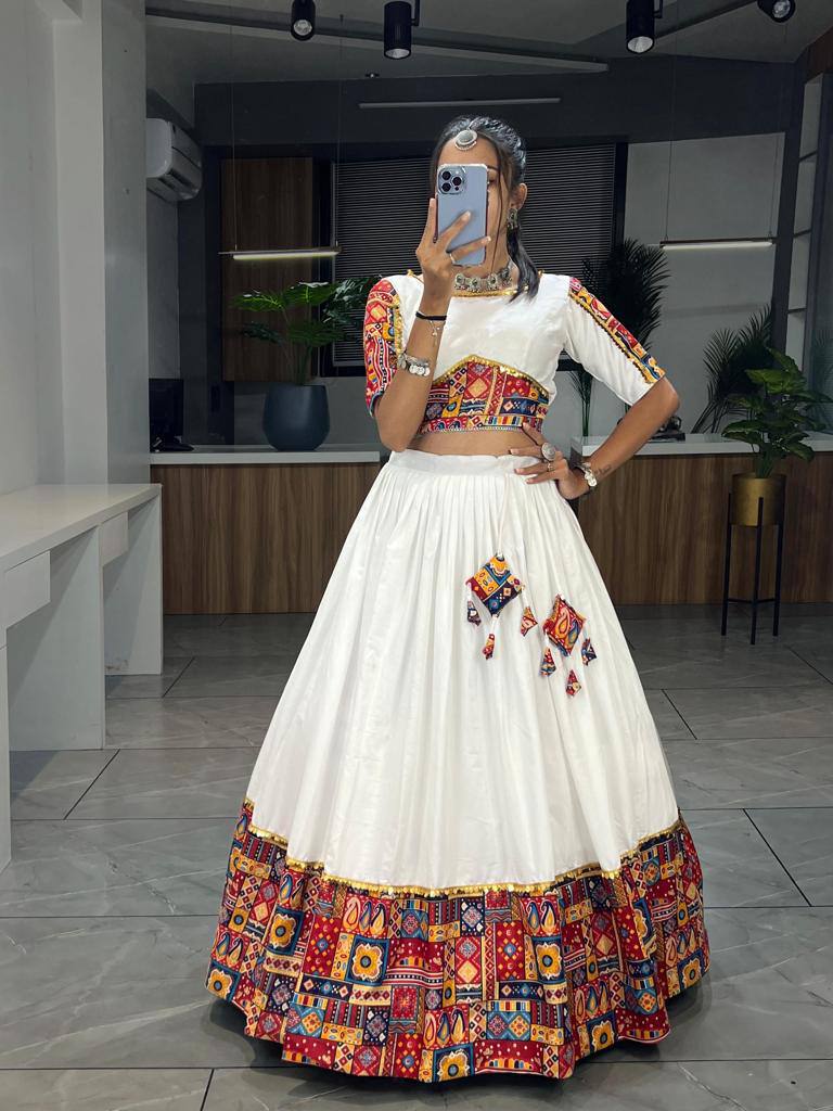 Women's White Rayon Cotton Chaniya Choli Set with Printed Dupatta | Fully Stitched Navratri Lehenga for Garba & Dandiya