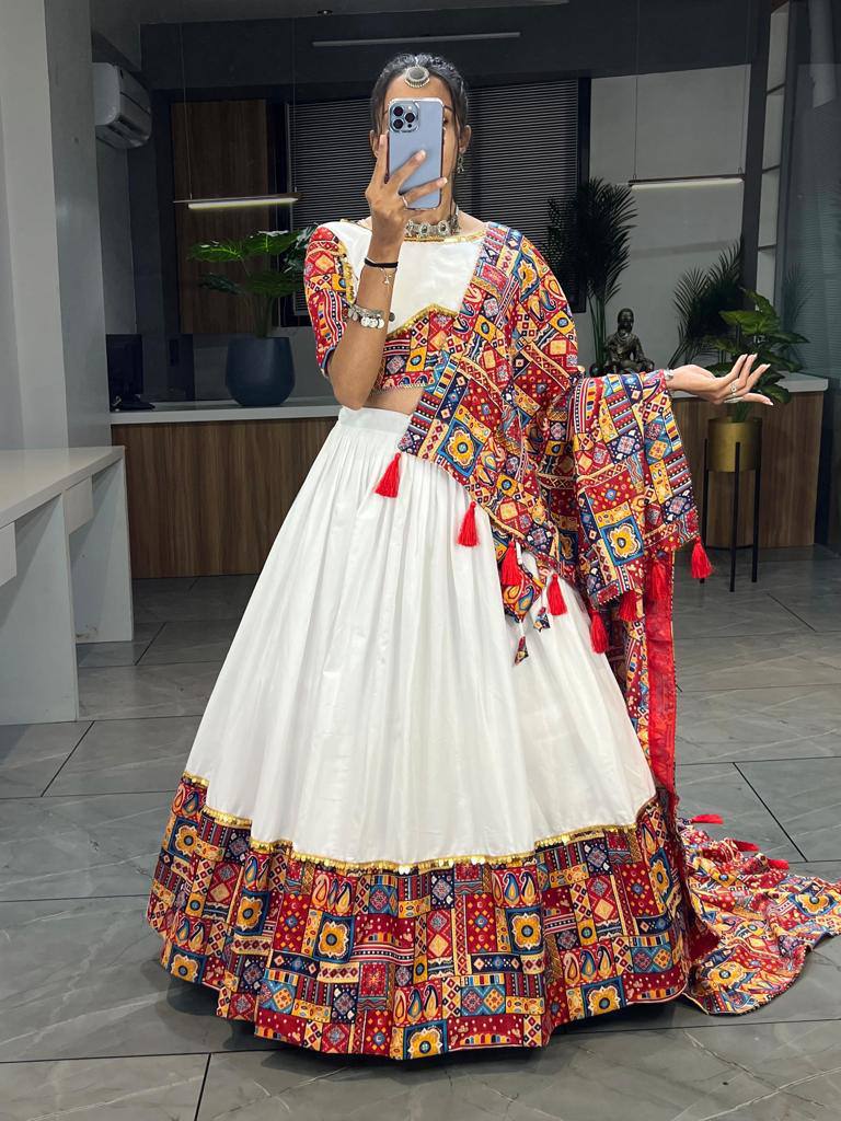 Women's White Rayon Cotton Chaniya Choli Set with Printed Dupatta | Fully Stitched Navratri Lehenga for Garba & Dandiya