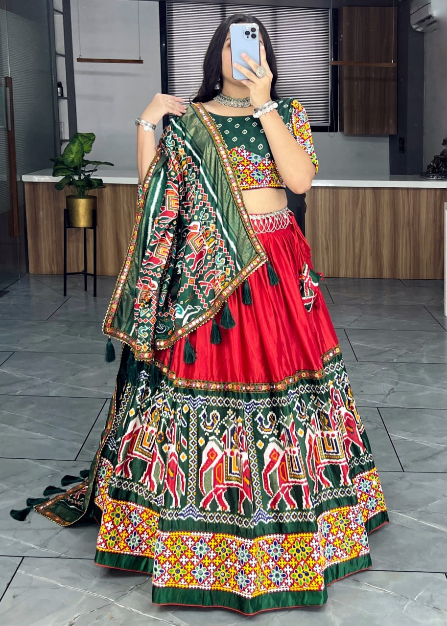 Women's Dola Silk Patola Print Lehenga Choli Set with Mirror Work & Dupatta | Navratri Garba Designer Outfit