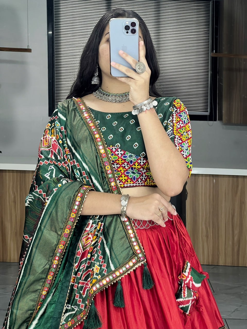 Women's Dola Silk Patola Print Lehenga Choli Set with Mirror Work & Dupatta | Navratri Garba Designer Outfit