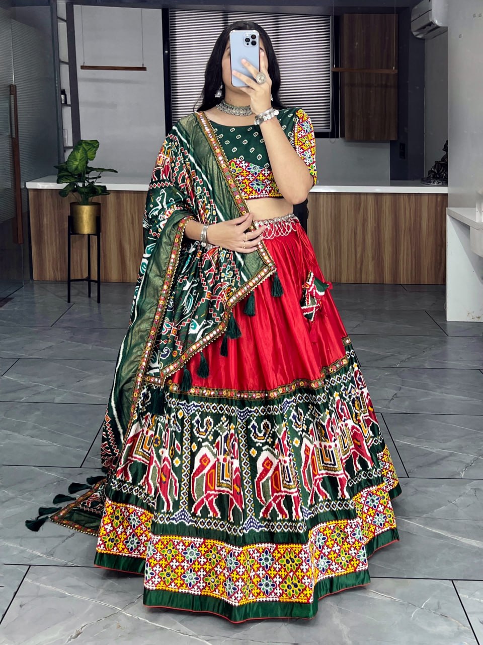 Women's Dola Silk Patola Print Lehenga Choli Set with Mirror Work & Dupatta | Navratri Garba Designer Outfit