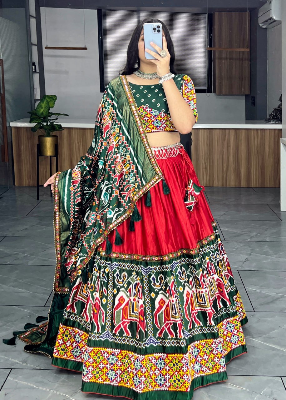 Women's Dola Silk Patola Print Lehenga Choli Set with Mirror Work & Dupatta | Navratri Garba Designer Outfit