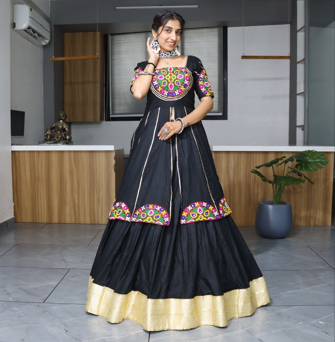 Women's Black Rayon Cotton Lehenga Set with Mirror Work & Gota Patti Designer Top | Festive & Navratri Wear