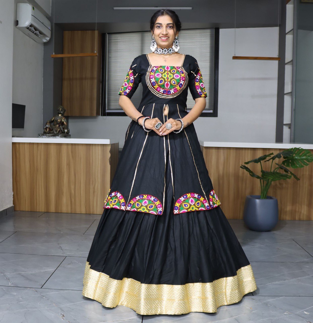 Women's Black Rayon Cotton Lehenga Set with Mirror Work & Gota Patti Designer Top | Festive & Navratri Wear