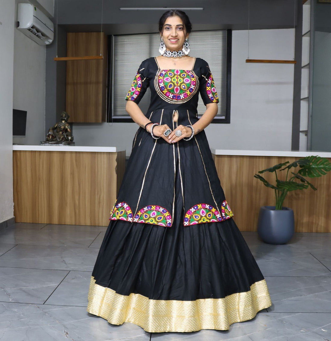 Women's Black Rayon Cotton Lehenga Set with Mirror Work & Gota Patti Designer Top | Festive & Navratri Wear