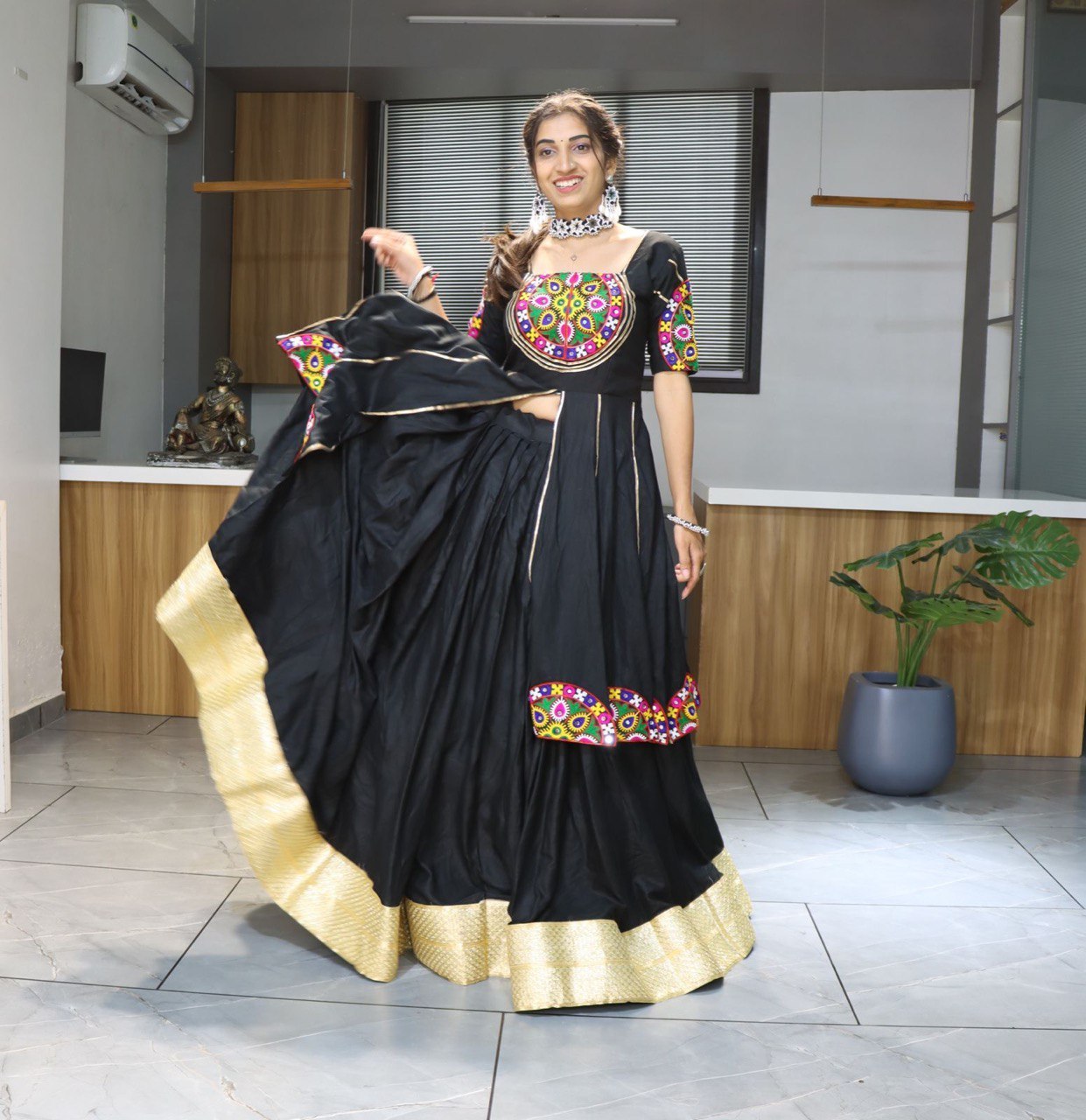 Women's Black Rayon Cotton Lehenga Set with Mirror Work & Gota Patti Designer Top | Festive & Navratri Wear