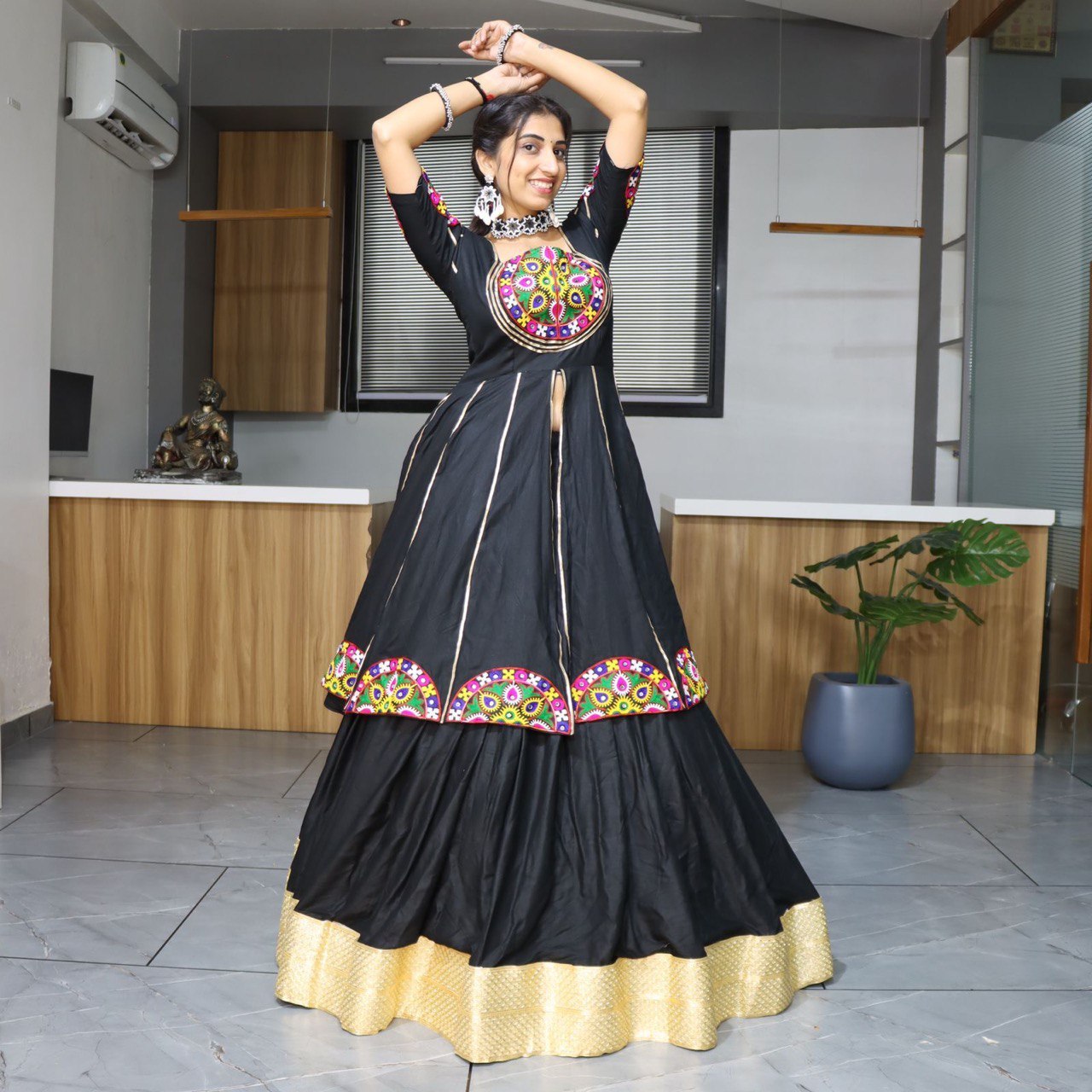 Women's Black Rayon Cotton Lehenga Set with Mirror Work & Gota Patti Designer Top | Festive & Navratri Wear