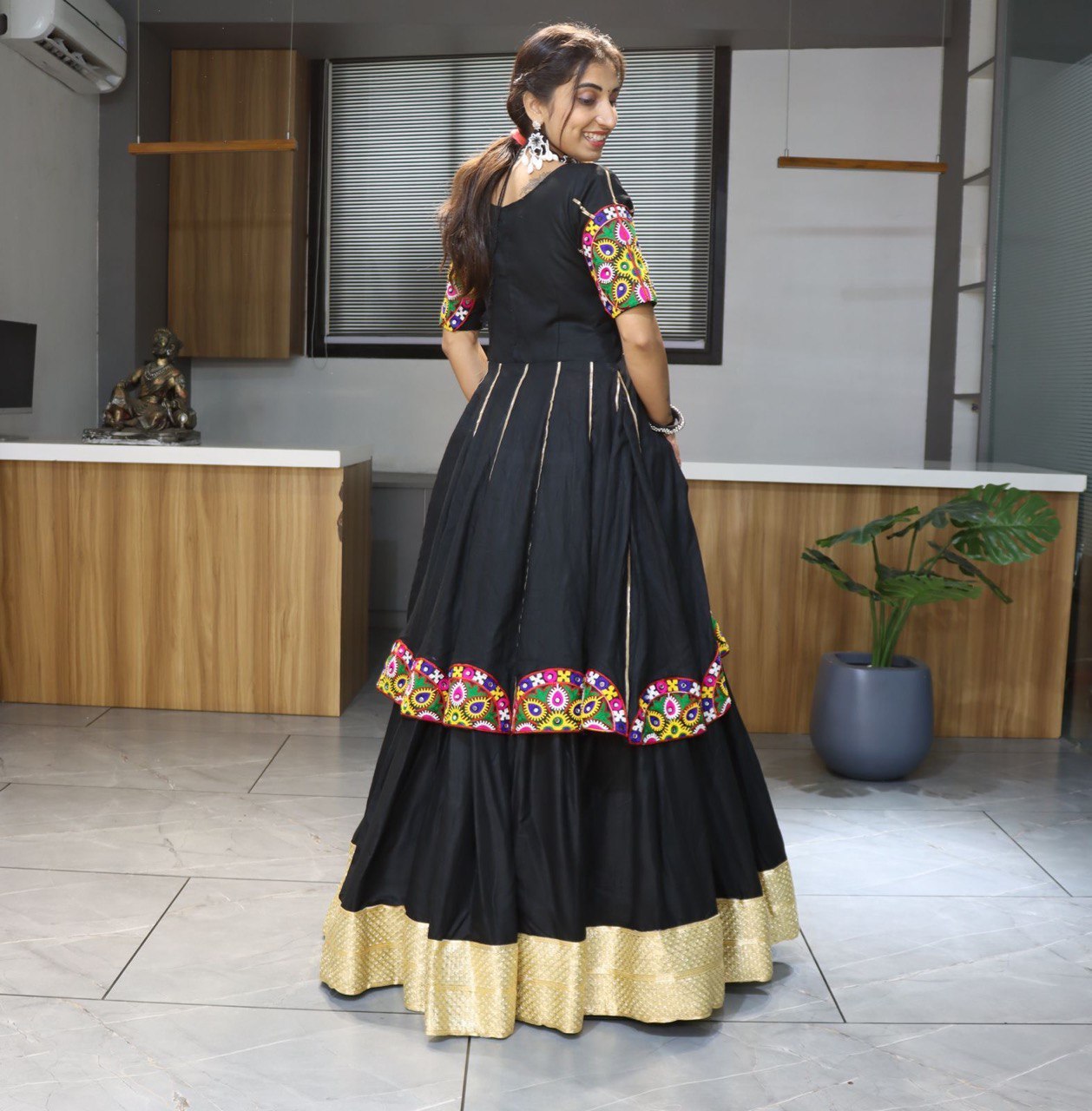 Women's Black Rayon Cotton Lehenga Set with Mirror Work & Gota Patti Designer Top | Festive & Navratri Wear