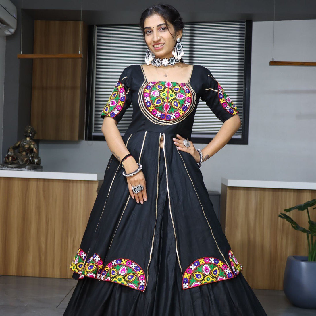 Women's Black Rayon Cotton Lehenga Set with Mirror Work & Gota Patti Designer Top | Festive & Navratri Wear