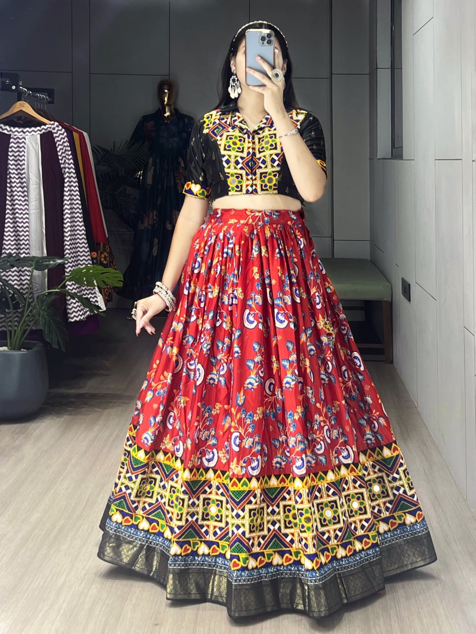 Women's Soft Silk Floral Printed Lehenga Set with Gamthi Work, Real Mirror & Foil Work | Festive & Navratri Wear