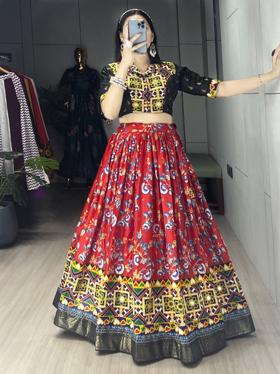 Women's Soft Silk Floral Printed Lehenga Set with Gamthi Work, Real Mirror & Foil Work | Festive & Navratri Wear