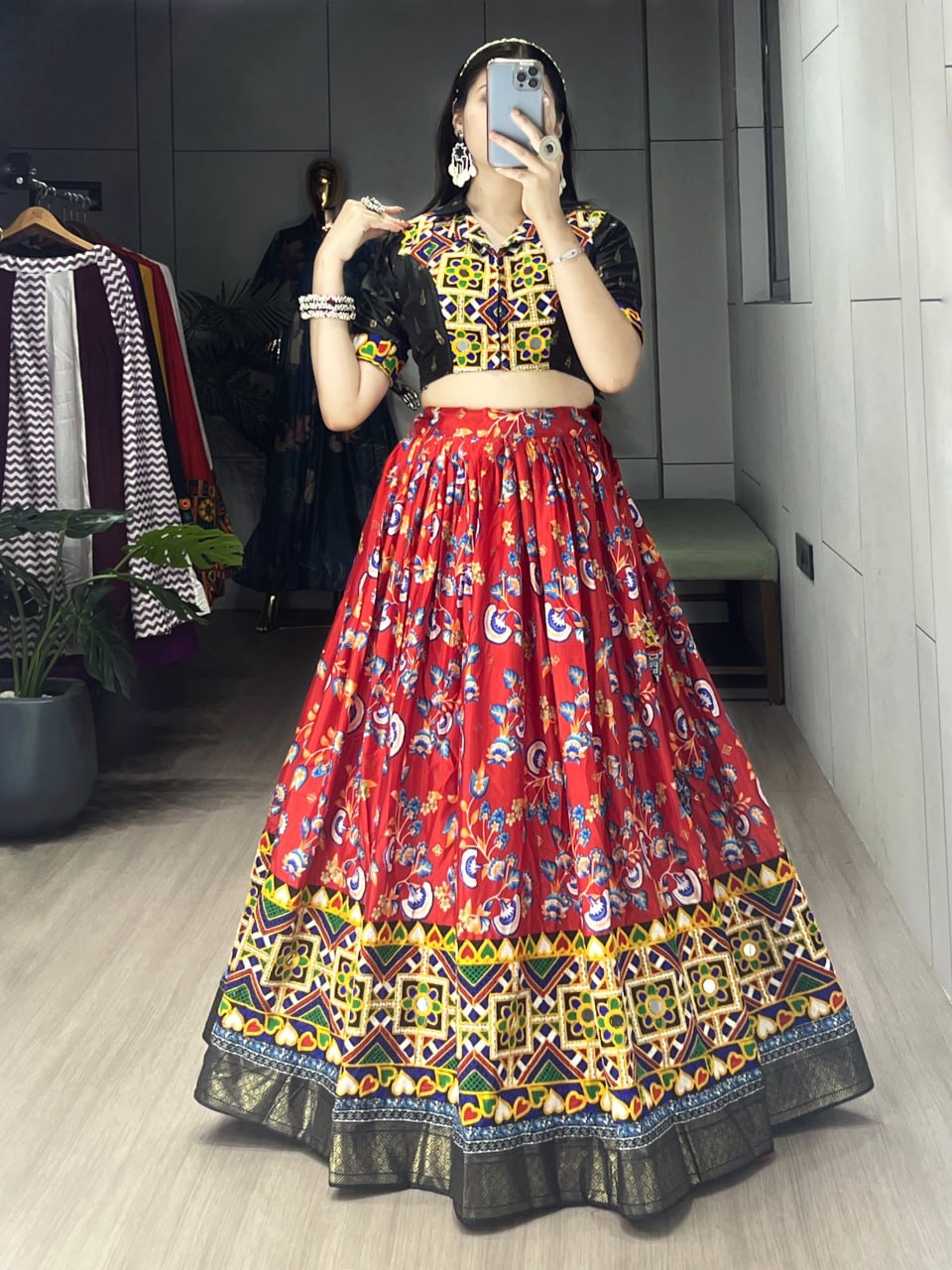 Women's Soft Silk Floral Printed Lehenga Set with Gamthi Work, Real Mirror & Foil Work | Festive & Navratri Wear