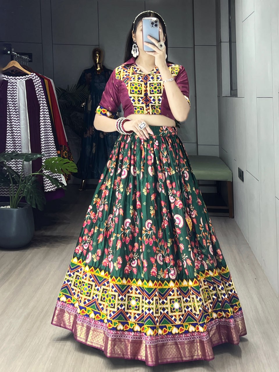 Women's Green Soft Silk Floral Printed Lehenga Set with Gamthi Work, Real Mirror & Foil Work | Festive & Navratri Wear