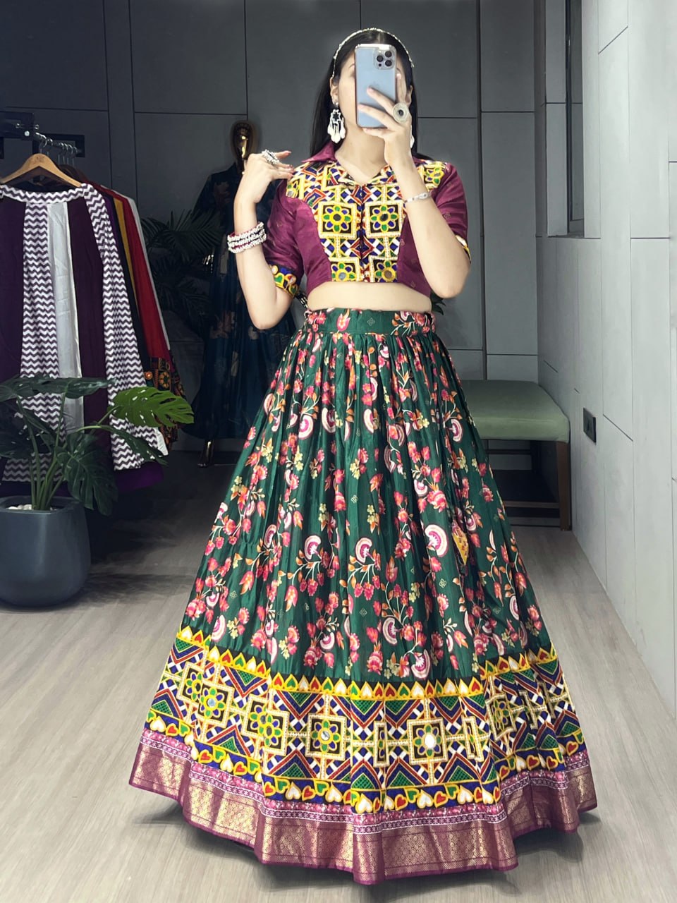Women's Green Soft Silk Floral Printed Lehenga Set with Gamthi Work, Real Mirror & Foil Work | Festive & Navratri Wear