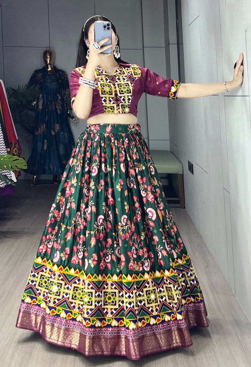 Women's Green Soft Silk Floral Printed Lehenga Set with Gamthi Work, Real Mirror & Foil Work | Festive & Navratri Wear
