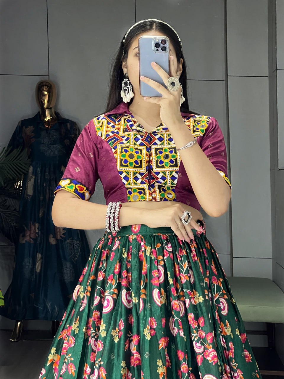 Women's Green Soft Silk Floral Printed Lehenga Set with Gamthi Work, Real Mirror & Foil Work | Festive & Navratri Wear