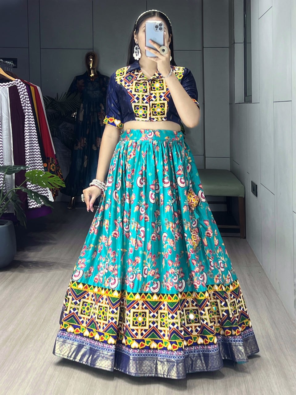 Women's Aqua Blue Soft Silk Floral Printed Lehenga Set with Gamthi Work, Real Mirror & Foil Work | Festive & Navratri Wear