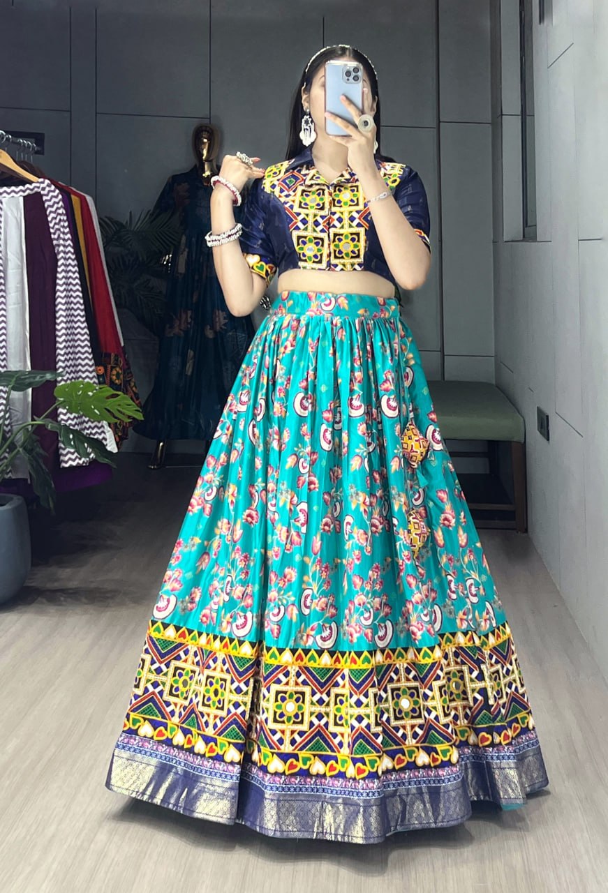 Women's Aqua Blue Soft Silk Floral Printed Lehenga Set with Gamthi Work, Real Mirror & Foil Work | Festive & Navratri Wear