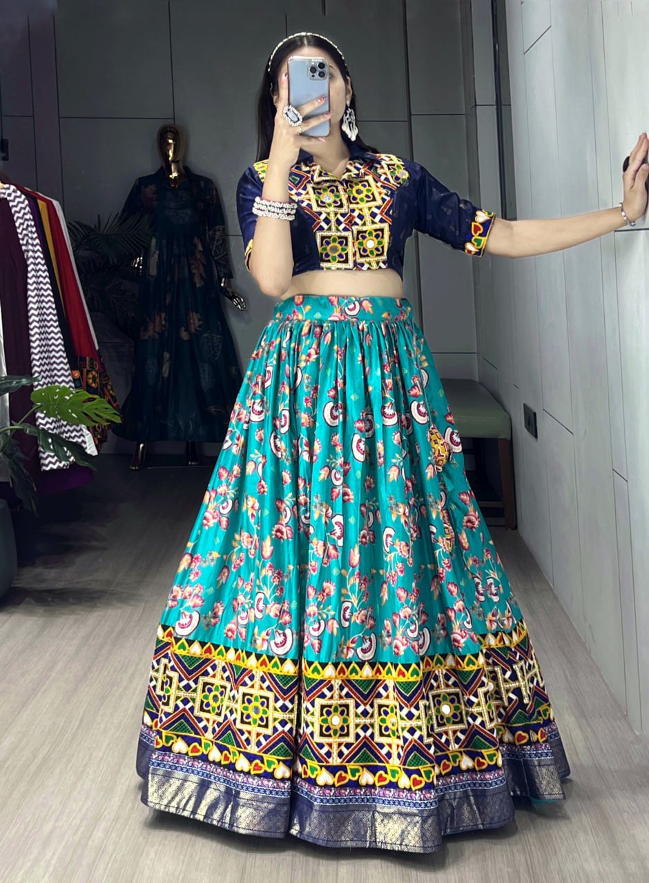 Women's Aqua Blue Soft Silk Floral Printed Lehenga Set with Gamthi Work, Real Mirror & Foil Work | Festive & Navratri Wear