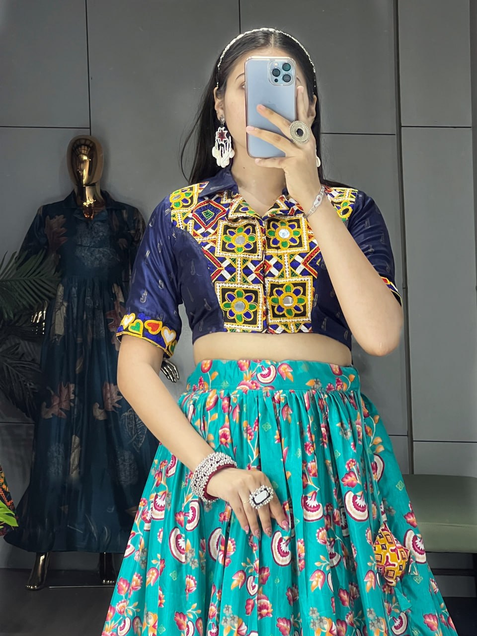 Women's Aqua Blue Soft Silk Floral Printed Lehenga Set with Gamthi Work, Real Mirror & Foil Work | Festive & Navratri Wear