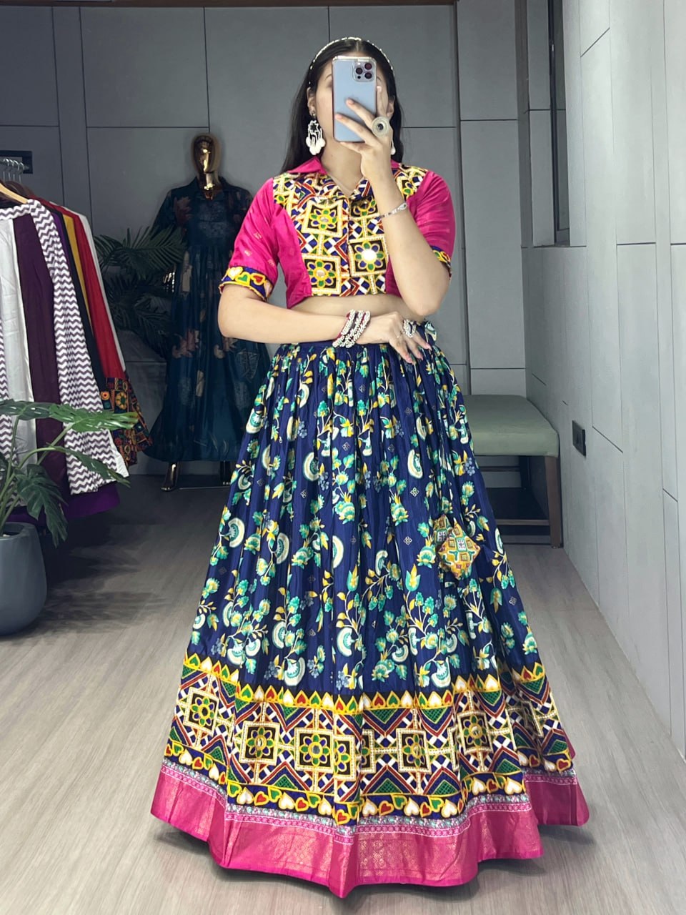 Women's Navy Blue Soft Silk Floral Printed Lehenga Set with Gamthi Work, Real Mirror & Foil Work | Festive & Navratri Wear