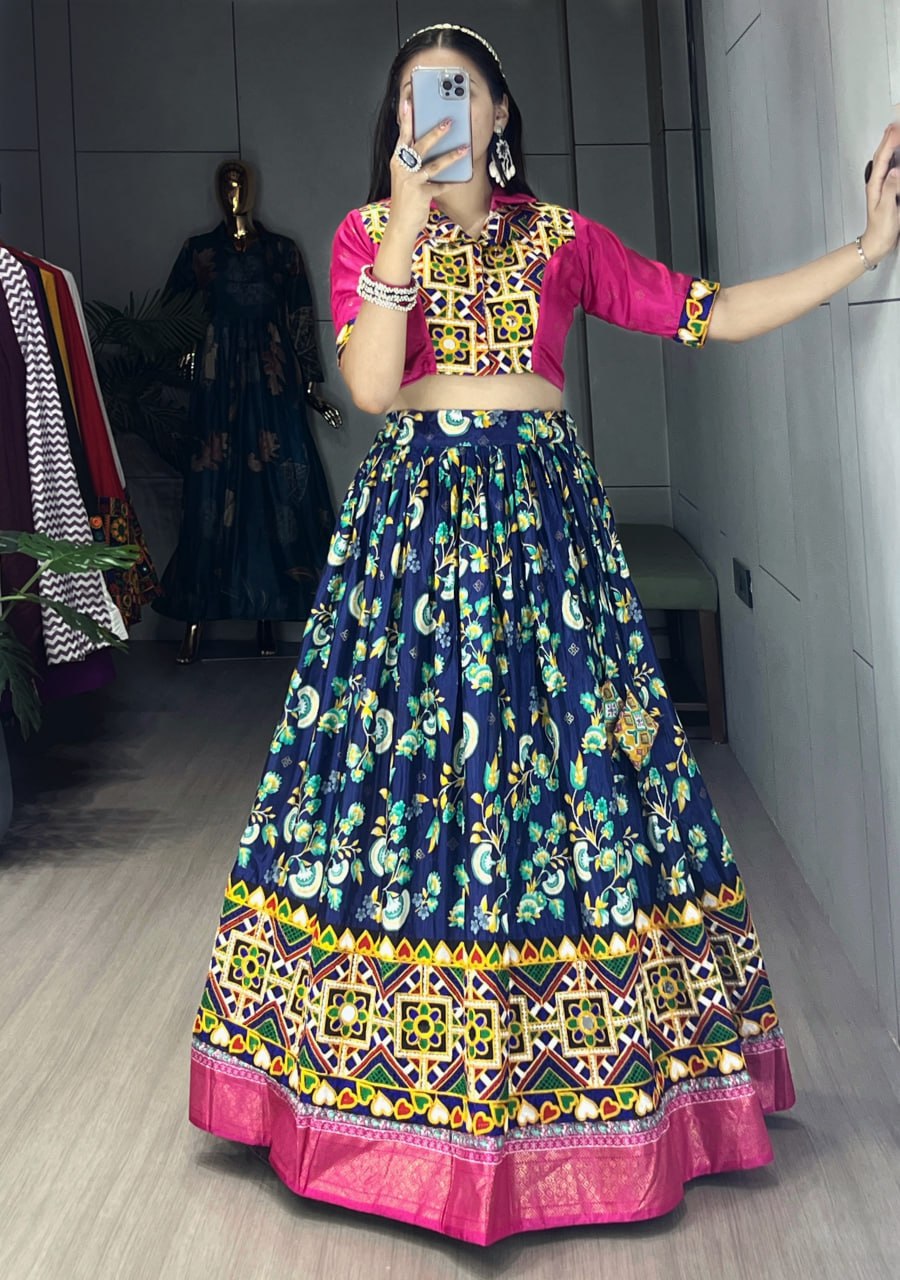 Women's Navy Blue Soft Silk Floral Printed Lehenga Set with Gamthi Work, Real Mirror & Foil Work | Festive & Navratri Wear