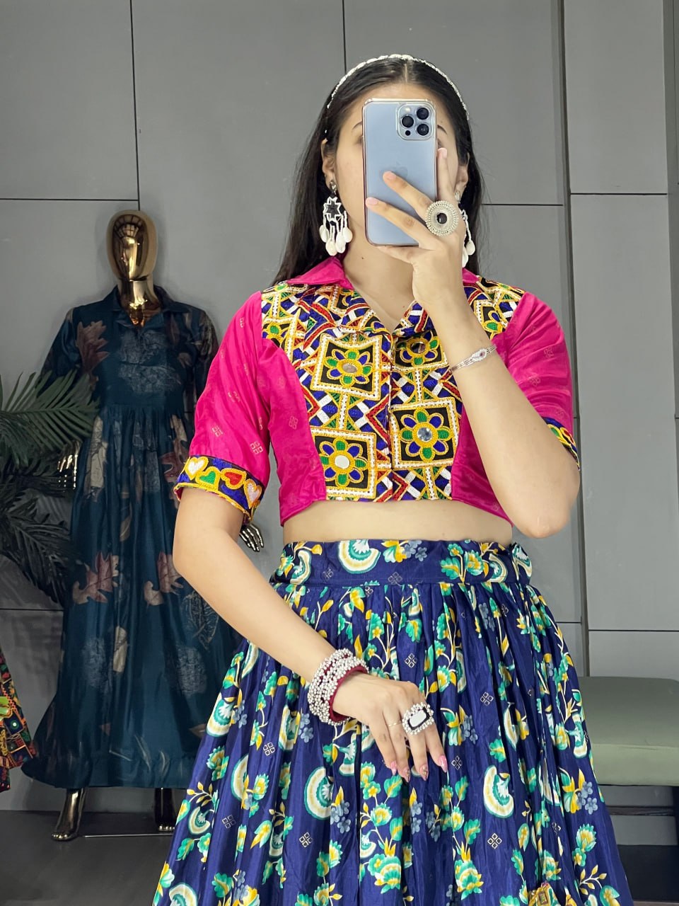 Women's Navy Blue Soft Silk Floral Printed Lehenga Set with Gamthi Work, Real Mirror & Foil Work | Festive & Navratri Wear