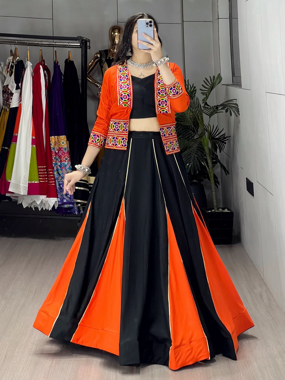 Women's Black & Orange Rayon Cotton Navratri Lehenga Set with Kutchi Work Koti, Plain Blouse & 6 Meter Flair | Garba & Festive Wear
