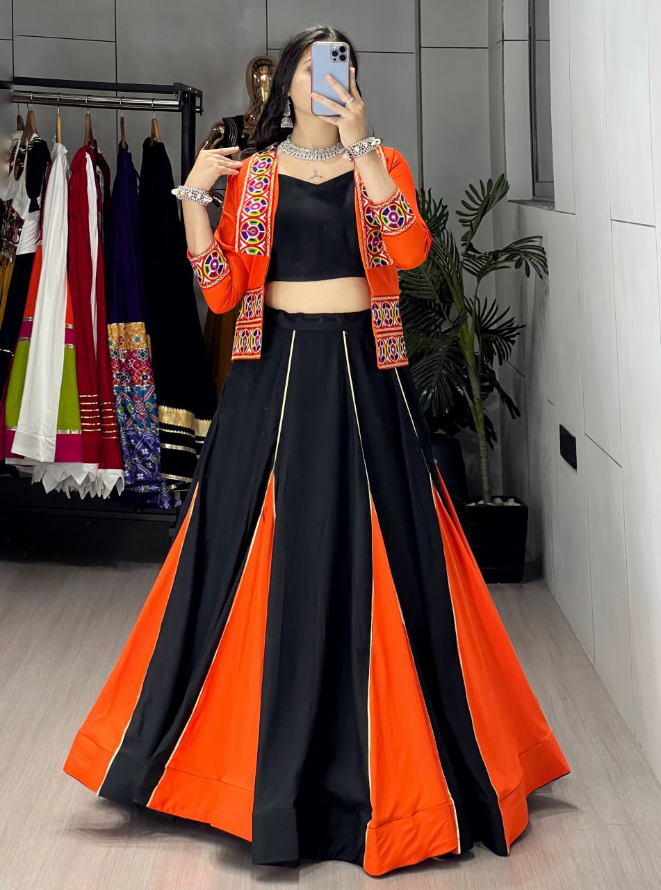 Women's Black & Orange Rayon Cotton Navratri Lehenga Set with Kutchi Work Koti, Plain Blouse & 6 Meter Flair | Garba & Festive Wear