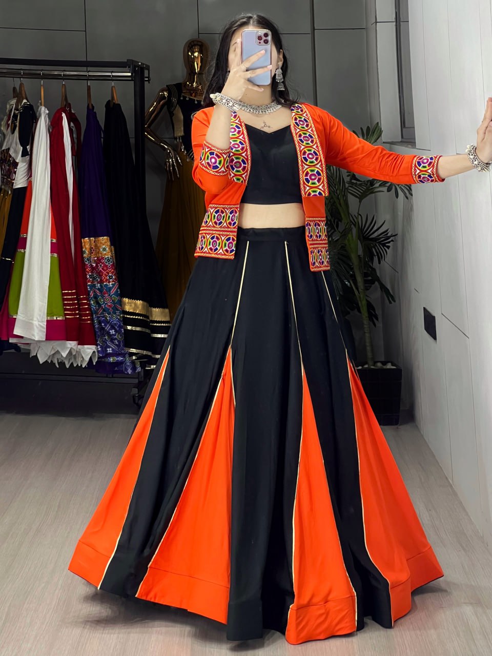 Women's Black & Orange Rayon Cotton Navratri Lehenga Set with Kutchi Work Koti, Plain Blouse & 6 Meter Flair | Garba & Festive Wear