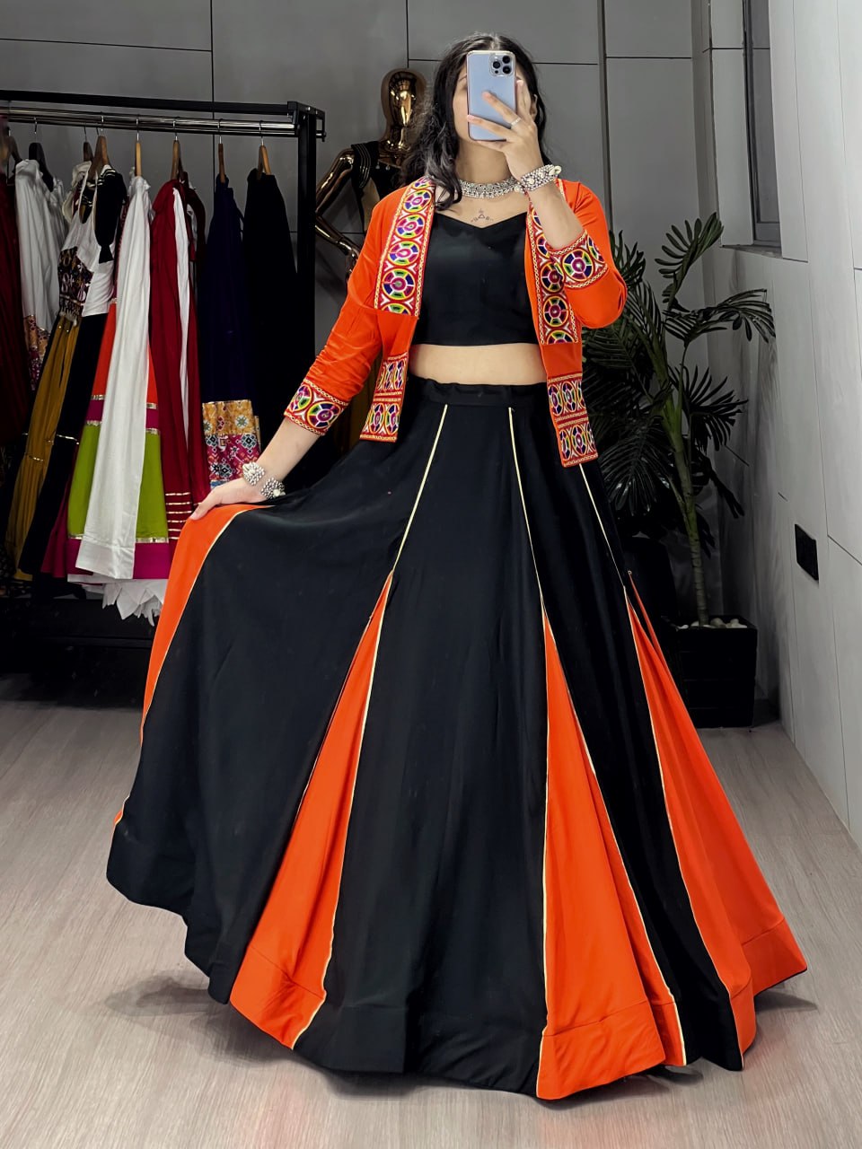 Women's Black & Orange Rayon Cotton Navratri Lehenga Set with Kutchi Work Koti, Plain Blouse & 6 Meter Flair | Garba & Festive Wear