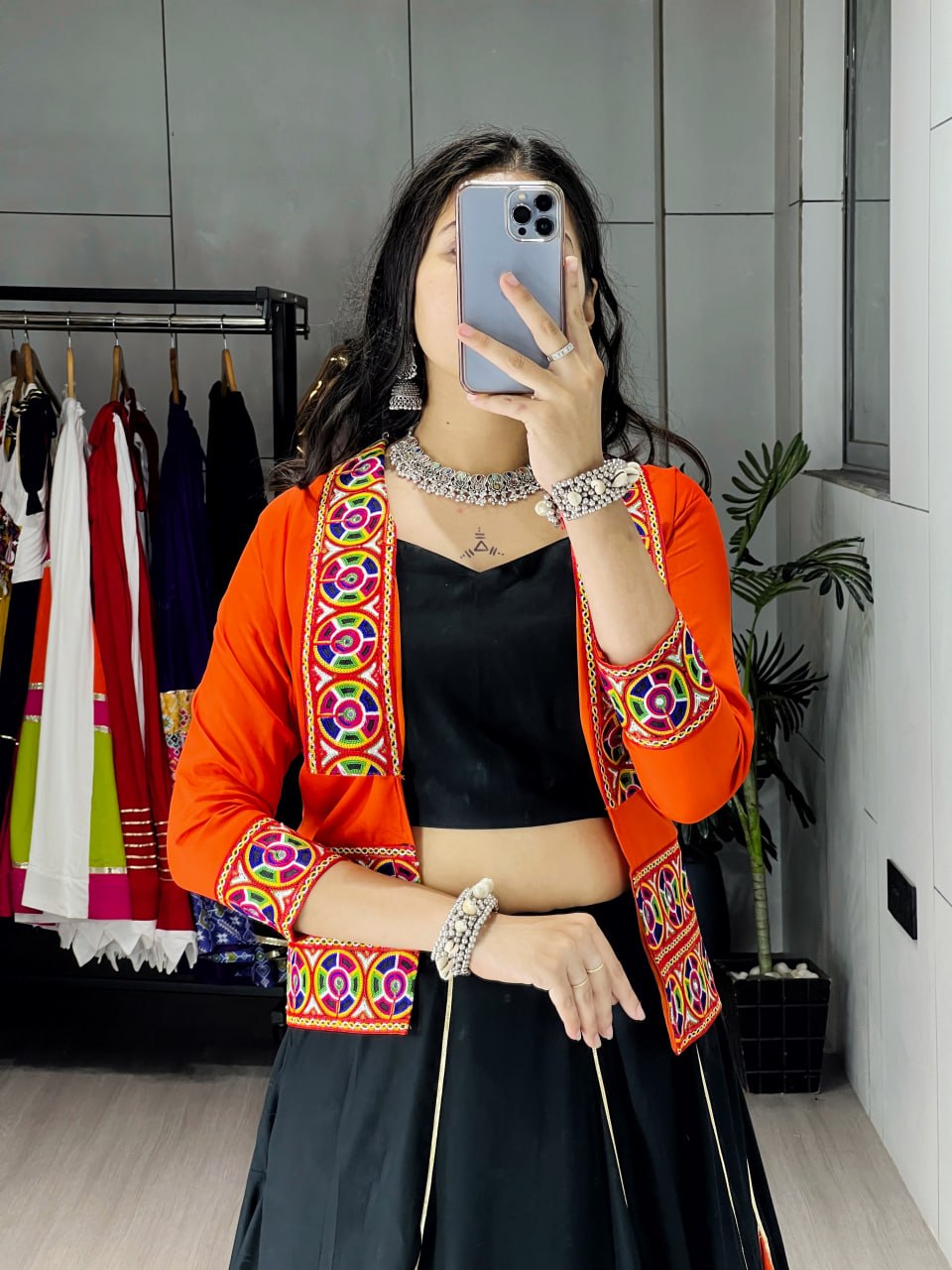 Women's Black & Orange Rayon Cotton Navratri Lehenga Set with Kutchi Work Koti, Plain Blouse & 6 Meter Flair | Garba & Festive Wear