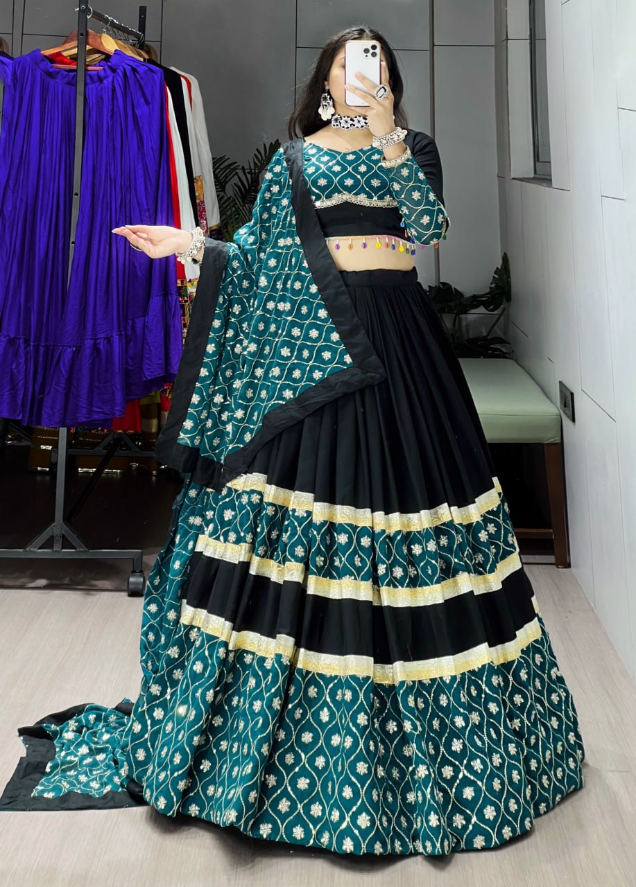 Women's Black Rayon Cotton Navratri Lehenga Choli with Sequins Embroidery, Faux Georgette Dupatta & 6 Meter Flair | Festive & Wedding Wear