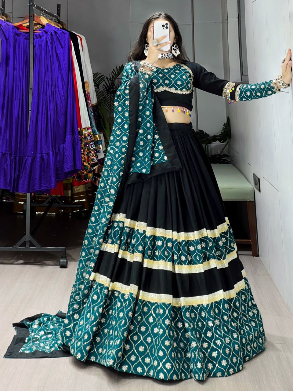 Women's Black Rayon Cotton Navratri Lehenga Choli with Sequins Embroidery, Faux Georgette Dupatta & 6 Meter Flair | Festive & Wedding Wear