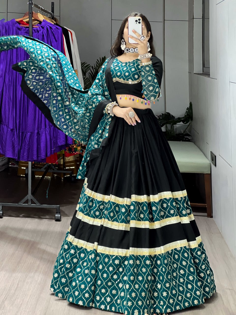 Women's Black Rayon Cotton Navratri Lehenga Choli with Sequins Embroidery, Faux Georgette Dupatta & 6 Meter Flair | Festive & Wedding Wear