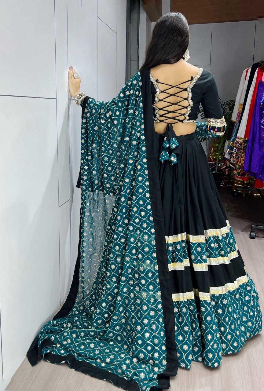 Women's Black Rayon Cotton Navratri Lehenga Choli with Sequins Embroidery, Faux Georgette Dupatta & 6 Meter Flair | Festive & Wedding Wear