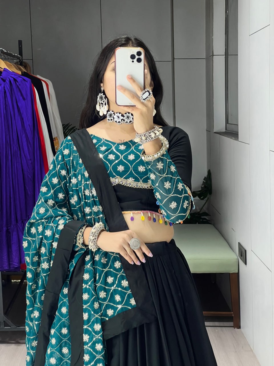 Women's Black Rayon Cotton Navratri Lehenga Choli with Sequins Embroidery, Faux Georgette Dupatta & 6 Meter Flair | Festive & Wedding Wear