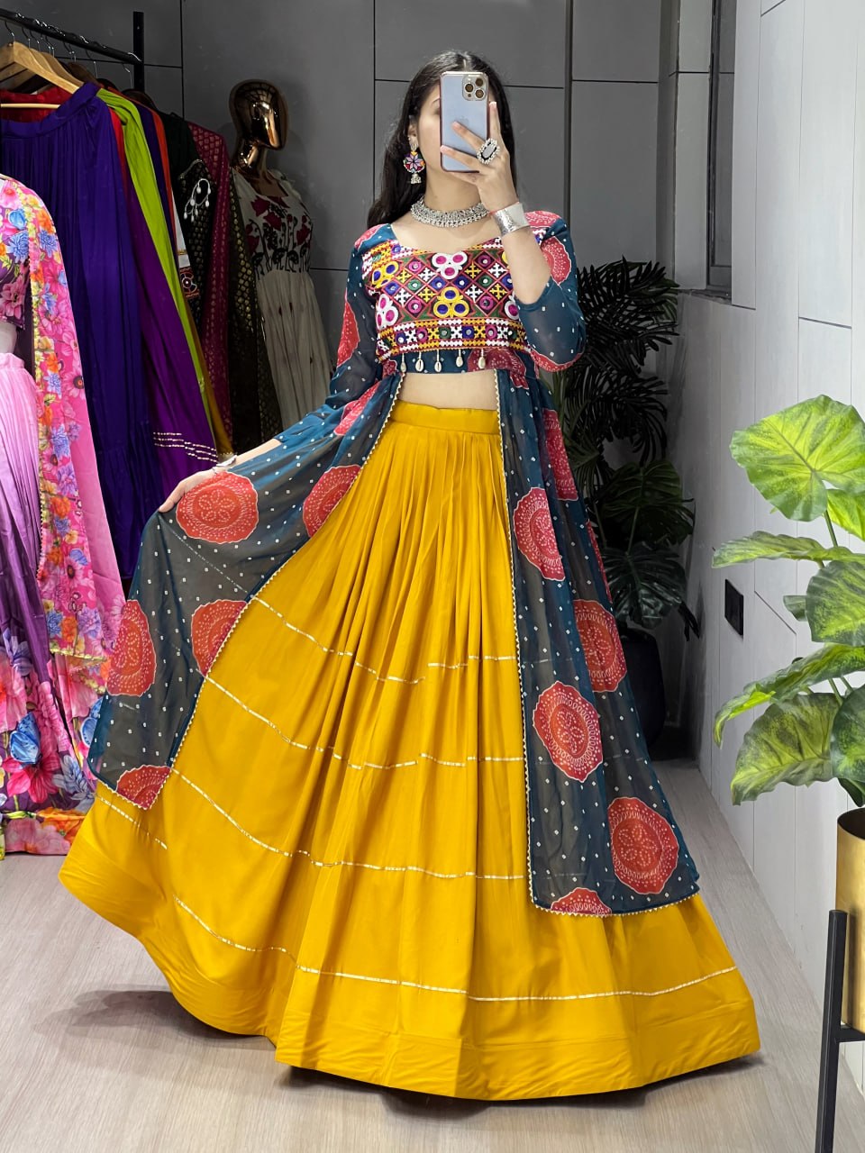 Women's Mustard Rayon Cotton Lehenga with Bandhani Printed Faux Georgette Kurti | Gamthi Work | Navratri, Garba & Festive Wear