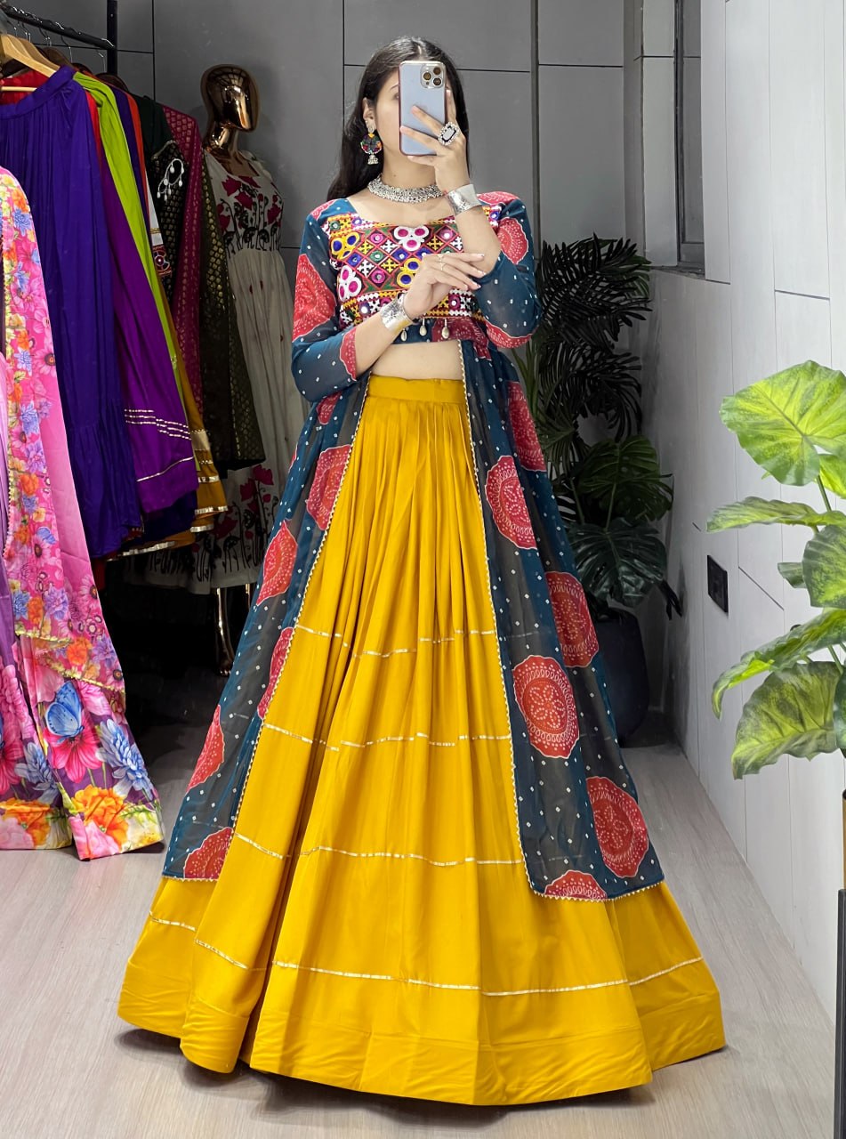 Women's Mustard Rayon Cotton Lehenga with Bandhani Printed Faux Georgette Kurti | Gamthi Work | Navratri, Garba & Festive Wear