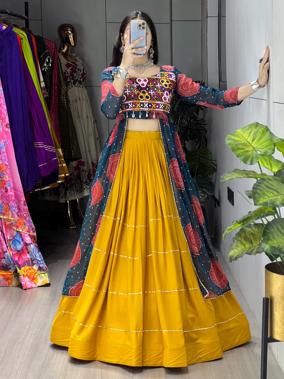 Women's Mustard Rayon Cotton Lehenga with Bandhani Printed Faux Georgette Kurti | Gamthi Work | Navratri, Garba & Festive Wear